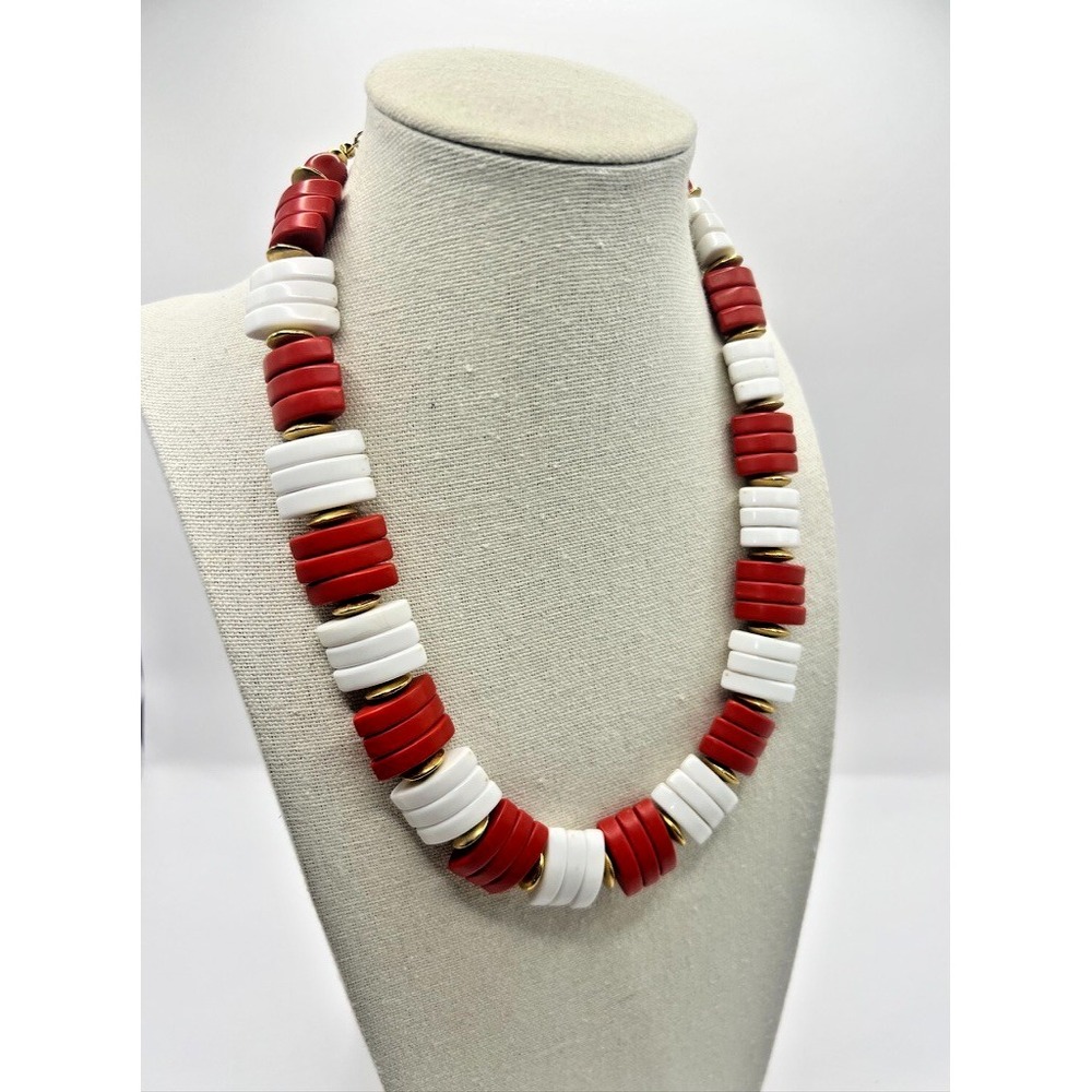 Vintage Red White Disc Bead Necklace Mod Statement‎ Unsigned Palm Beach Chic MCM